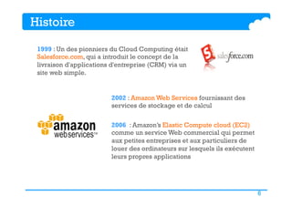 6
1999 : Un des pionniers du Cloud Computing était
Salesforce.com, qui a introduit le concept de la
livraison d'applications d'entreprise (CRM) via un
site web simple.
2002 : Amazon Web Services fournissant des
services de stockage et de calcul
2006 : Amazon’s Elastic Compute cloud (EC2)
comme un service Web commercial qui permet
aux petites entreprises et aux particuliers de
louer des ordinateurs sur lesquels ils exécutent
leurs propres applications
Histoire
 
