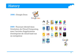 7
2009 :Tournant décisif dans
l'évolution de Cloud Computing,
avec l'arrivée d'applications
d'entreprise de cloud basé sur
un navigateur
2006 : Google Docs
History
 