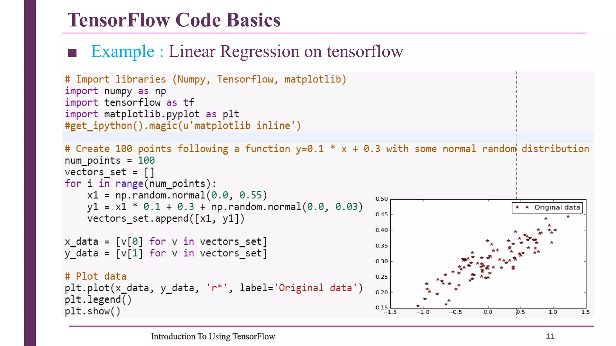 TensorFlow Code Basics 11Introduction To Using TensorFlow ■ Example : Linear Regression on tensorflow 
