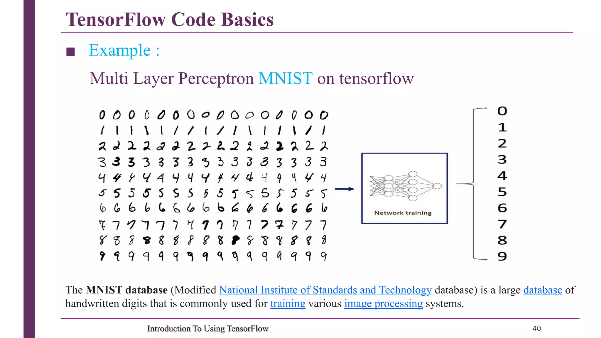 TensorFlow Code Basics 40Introduction To Using TensorFlow ■ Example : Multi Layer Perceptron MNIST on tensorflow The MNIST database (Modified National Institute of Standards and Technology database) is a large database of handwritten digits that is commonly used for training various image processing systems. 
