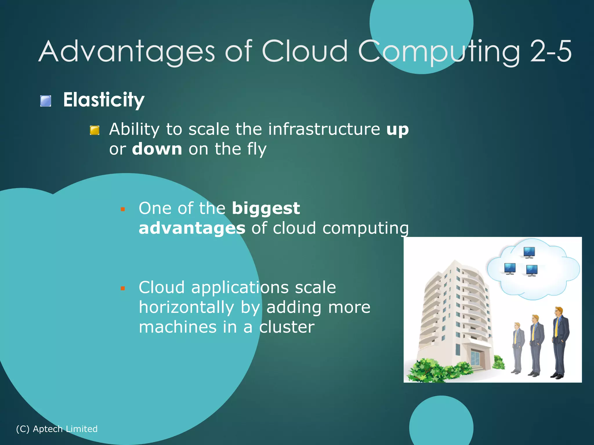 Elasticity
Ability to scale the infrastructure up
or down on the fly
 One of the biggest
advantages of cloud computing
 Cloud applications scale
horizontally by adding more
machines in a cluster
Advantages of Cloud Computing 2-5
(C) Aptech Limited
 