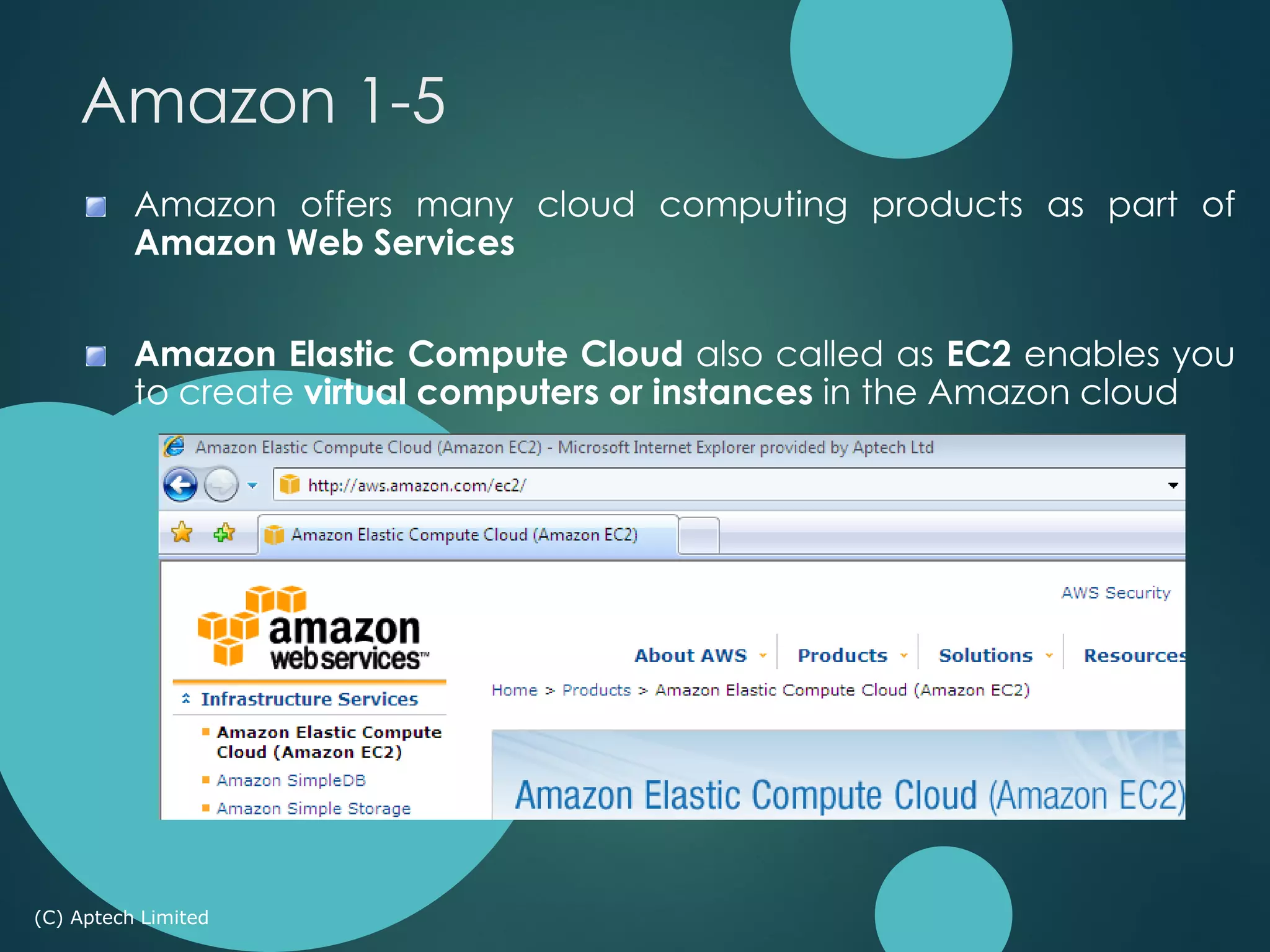 Amazon offers many cloud computing products as part of
Amazon Web Services
Amazon Elastic Compute Cloud also called as EC2 enables you
to create virtual computers or instances in the Amazon cloud
(C) Aptech Limited
Amazon 1-5
 