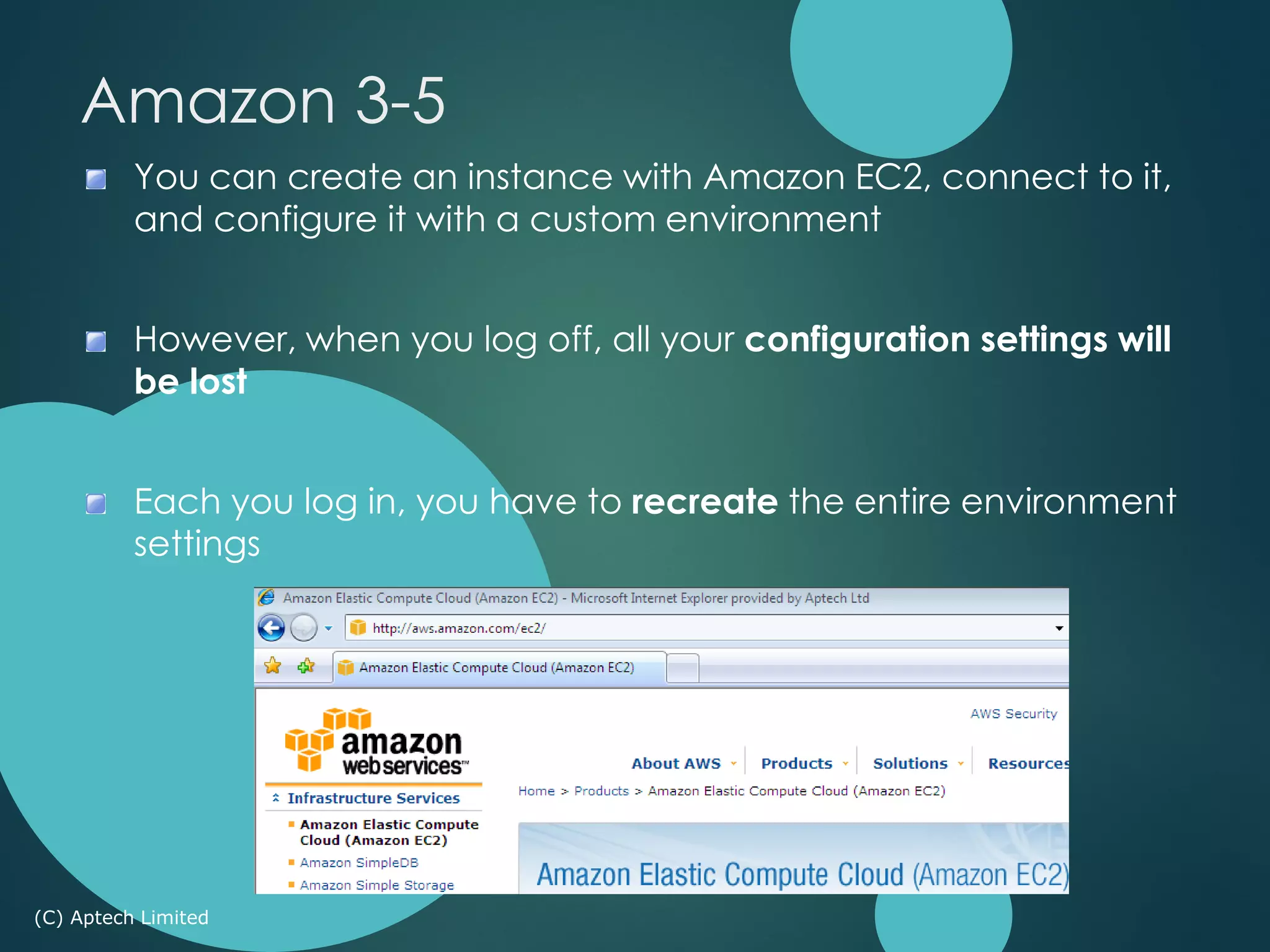 You can create an instance with Amazon EC2, connect to it,
and configure it with a custom environment
However, when you log off, all your configuration settings will
be lost
Each you log in, you have to recreate the entire environment
settings
(C) Aptech Limited
Amazon 3-5
 