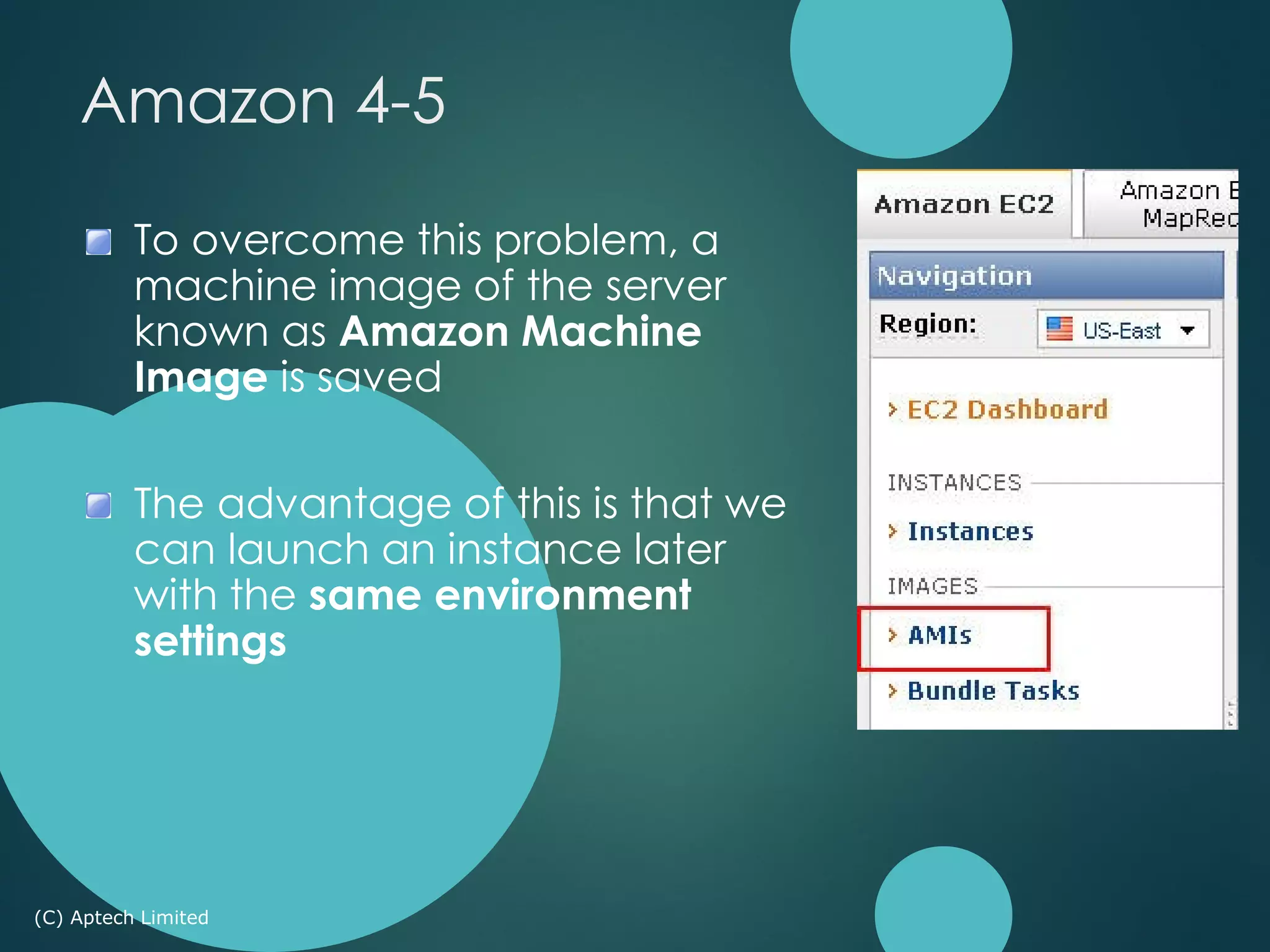 To overcome this problem, a
machine image of the server
known as Amazon Machine
Image is saved
The advantage of this is that we
can launch an instance later
with the same environment
settings
(C) Aptech Limited
Amazon 4-5
 