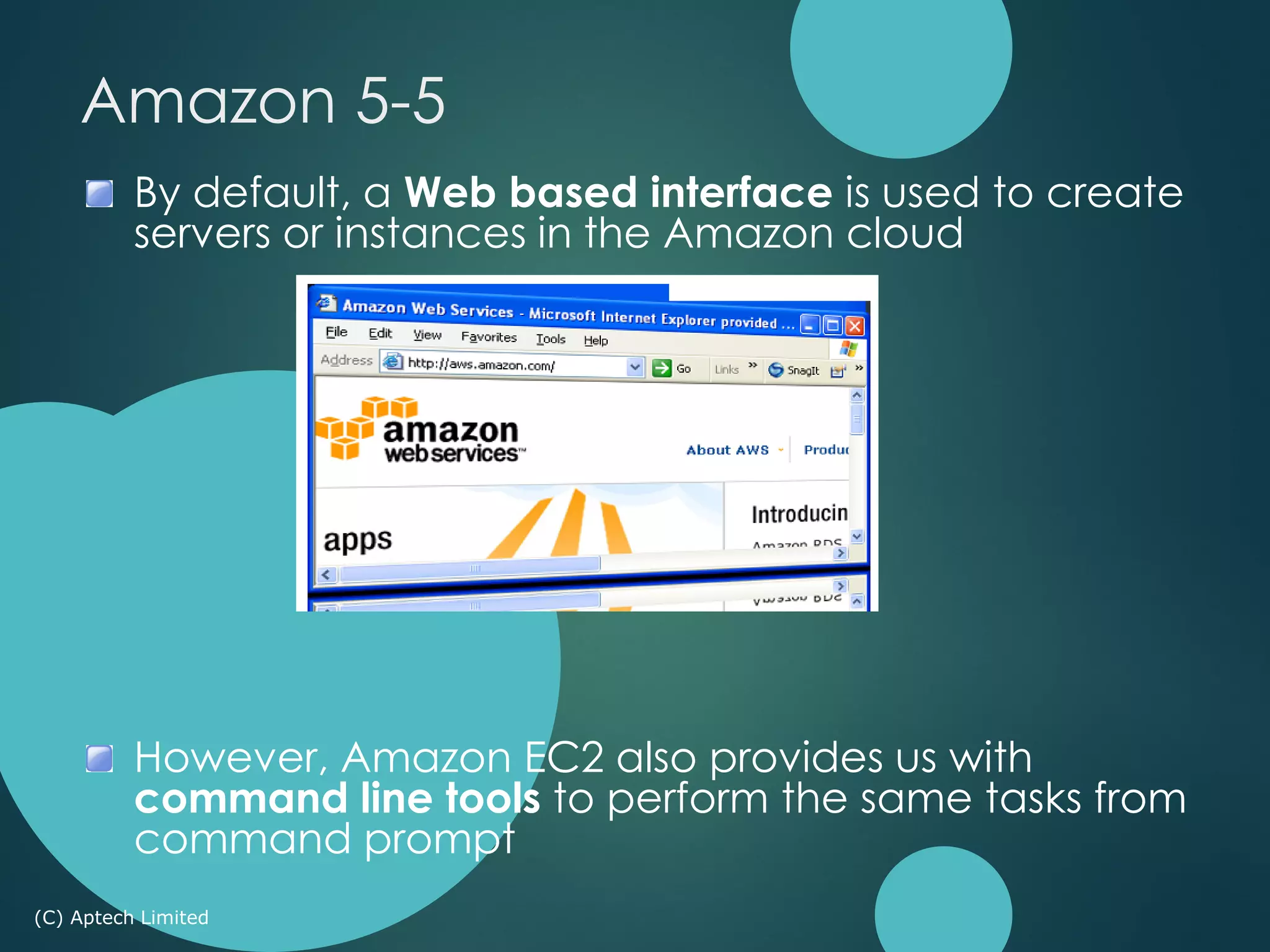 By default, a Web based interface is used to create
servers or instances in the Amazon cloud
However, Amazon EC2 also provides us with
command line tools to perform the same tasks from
command prompt
(C) Aptech Limited
Amazon 5-5
 