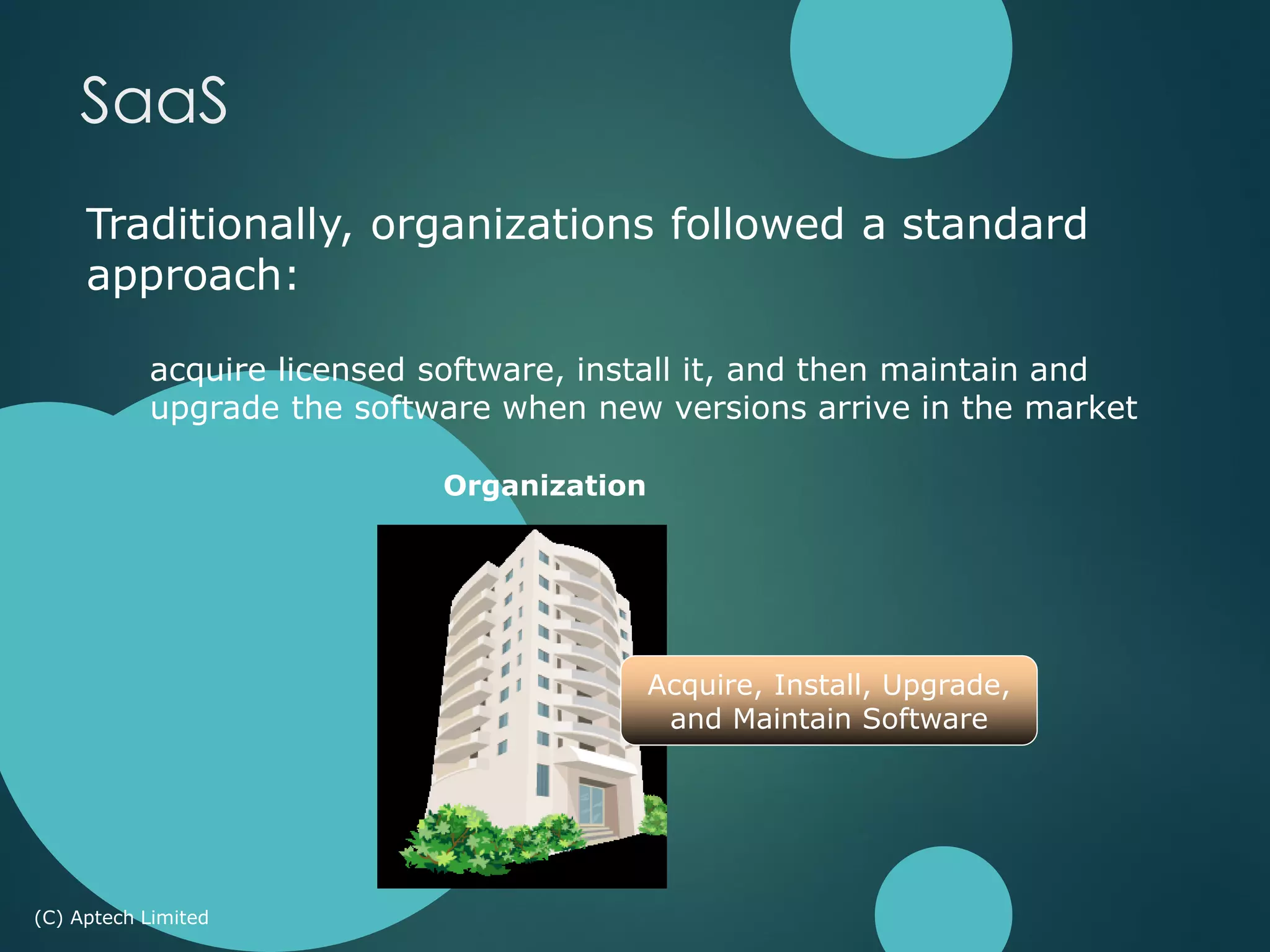 Traditionally, organizations followed a standard
approach:
acquire licensed software, install it, and then maintain and
upgrade the software when new versions arrive in the market
Organization
Acquire, Install, Upgrade,
and Maintain Software
(C) Aptech Limited
SaaS
 