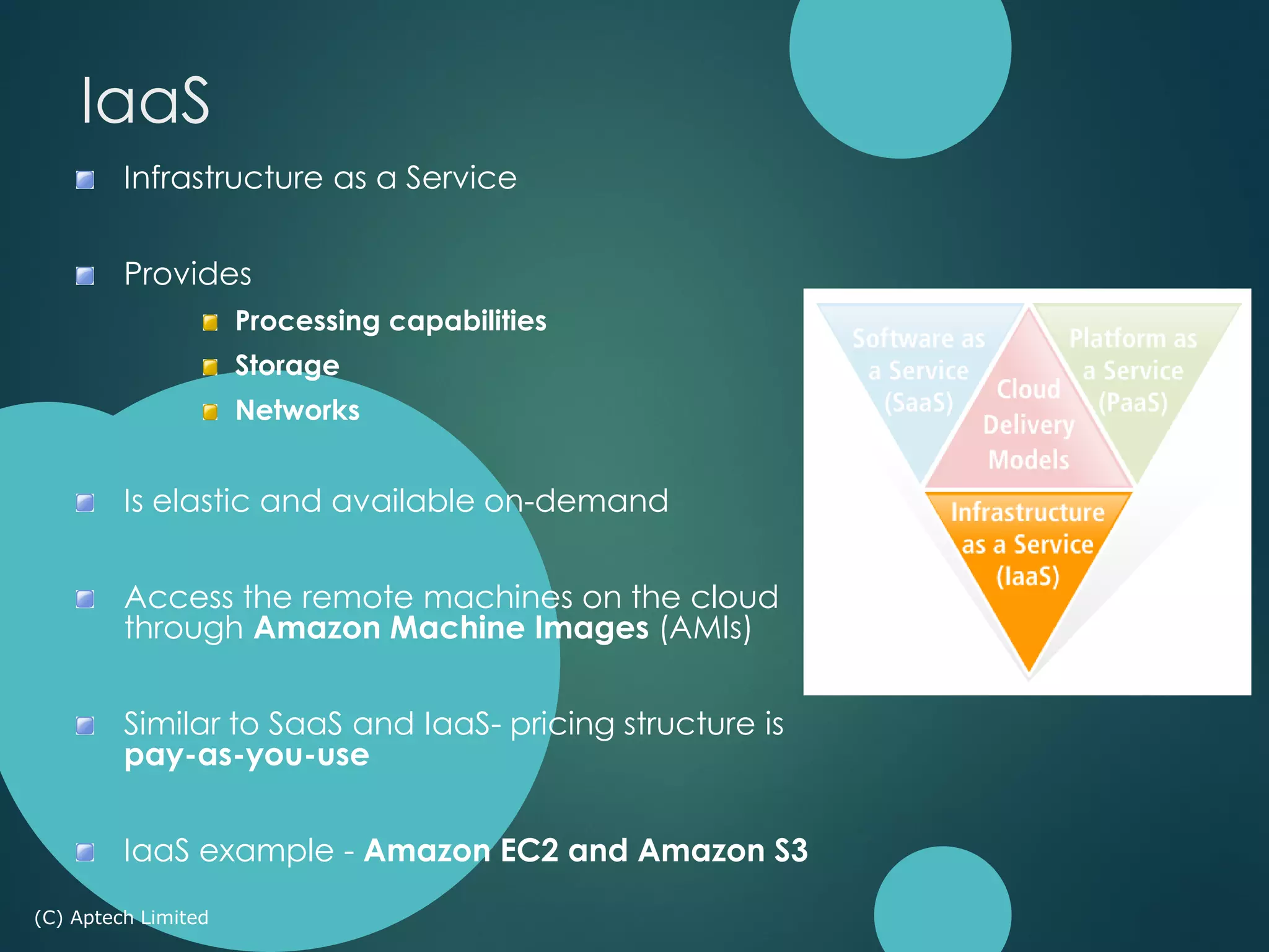 Infrastructure as a Service
Provides
Processing capabilities
Storage
Networks
Is elastic and available on-demand
Access the remote machines on the cloud
through Amazon Machine Images (AMIs)
Similar to SaaS and IaaS- pricing structure is
pay-as-you-use
IaaS example - Amazon EC2 and Amazon S3
(C) Aptech Limited
IaaS
 