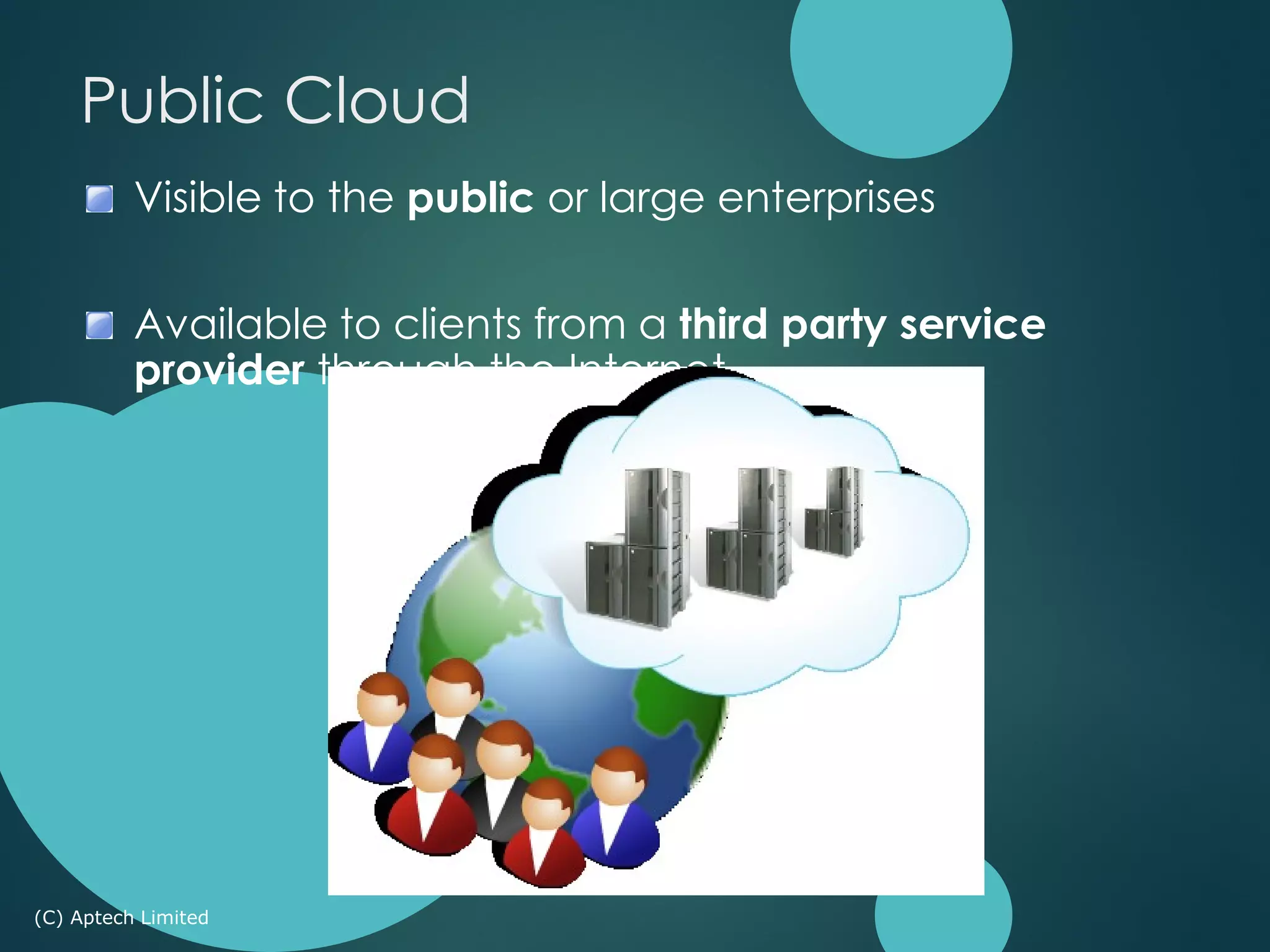 Visible to the public or large enterprises
Available to clients from a third party service
provider through the Internet
(C) Aptech Limited
Public Cloud
 