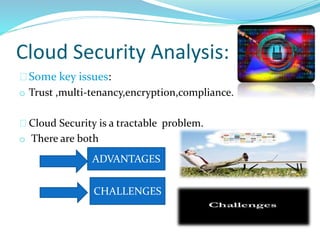 Cloud Security Analysis:
Some key issues:
o Trust ,multi-tenancy,encryption,compliance.
Cloud Security is a tractable problem.
o There are both
ADVANTAGES
CHALLENGES
 