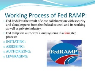 Working Process of Fed RAMP:
Fed RAMP is the result of close collaboration with security
and cloud experts from the federal council and its working
as well as private industry.
Fed ramp will authorize cloud systems in a four step
process:
o INITIATING:
o ASSESSING:
o AUTHORIZING:
o LEVERAGING:
 