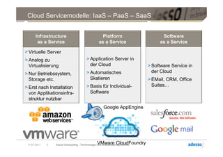 Cloud Servicemodelle: IaaS – PaaS – SaaS


       Infrastructure                              Platform                      Software
        as a Service                             as a Service                   as a Service

> Virtuelle Server
> Analog zu                             > Application Server in
  Virtualisierung                         der Cloud                        > Software Service in
> Nur Betriebssystem,                   > Automatisches                      der Cloud
  Storage etc.                            Skalieren                        > EMail, CRM, Office
> Erst nach Installation                > Basis für Individual-              Suites…
  von Applikationsinfra-                  Software
  struktur nutzbar
                                                     Google AppEngine




 11.07.2011   3                                 VMware CloudFoundry
                  Cloud Computing - Technologie und Missbrauchspotential
 