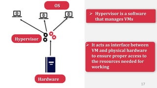  It acts as interface between
VM and physical hardware
to ensure proper access to
the resources needed for
working
 Hypervisor is a software
that manages VMs
Hardware
Hypervisor
OS
17
 