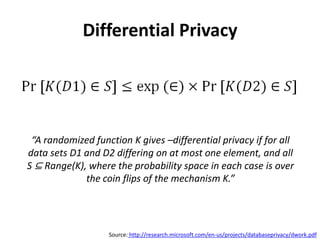 Differential Privacy“A randomized function K gives –differential privacy if for all data sets D1 and D2 differing on at most one element, and all S ⊆ Range(K), where the probability space in each case is over the coin flips of the mechanism K.”Source: http://research.microsoft.com/en-us/projects/databaseprivacy/dwork.pdf
