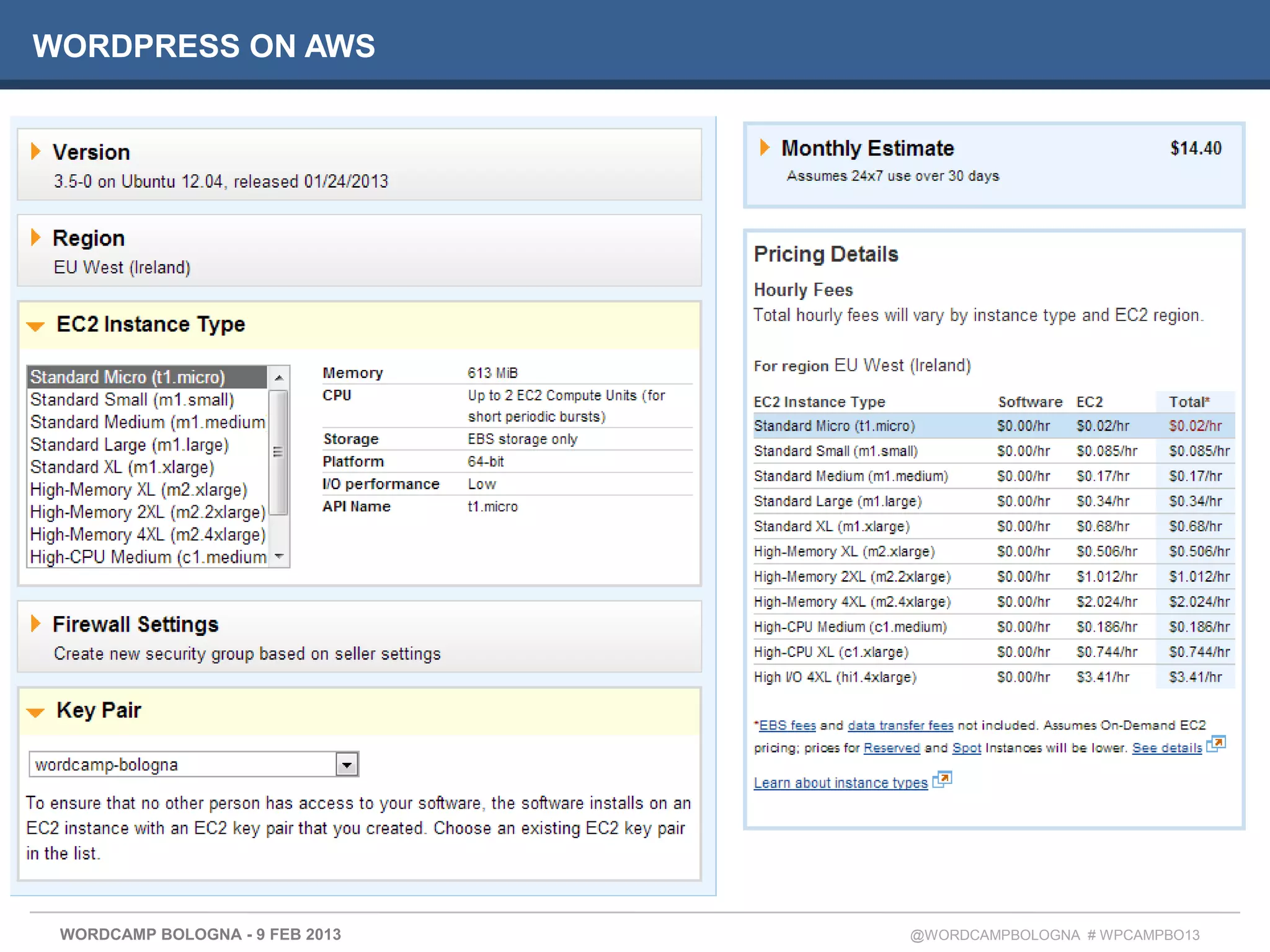 WORDPRESS ON AWS




 WORDCAMP BOLOGNA - 9 FEB 2013   @WORDCAMPBOLOGNA # WPCAMPBO13
 