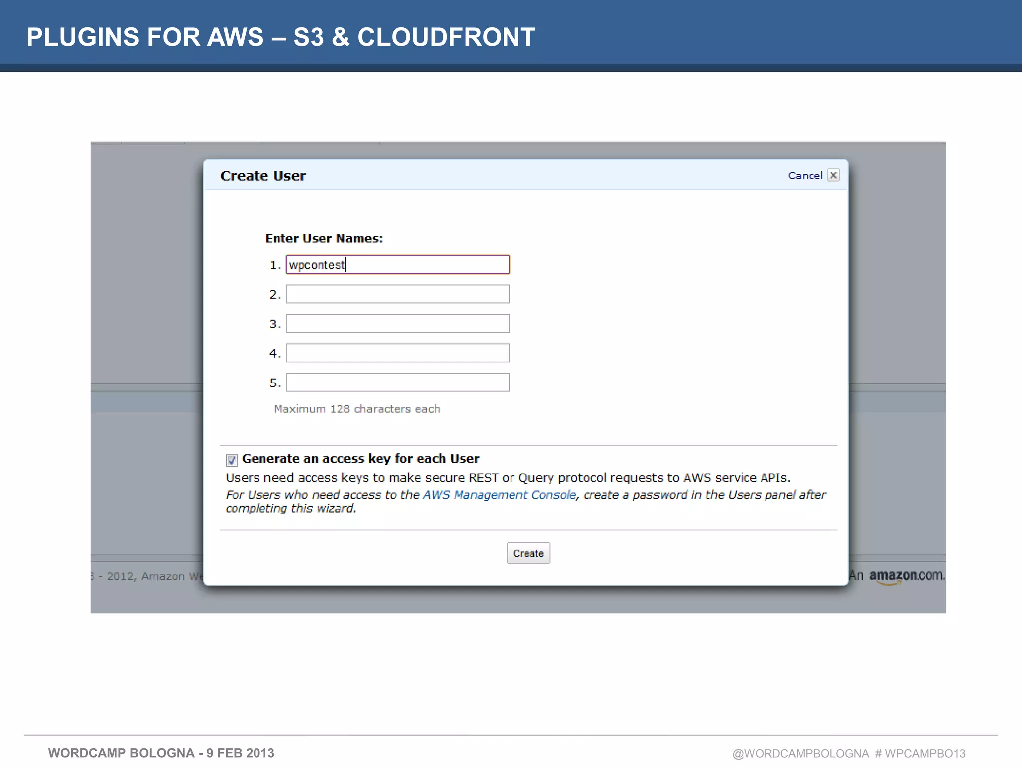 PLUGINS FOR AWS – S3 & CLOUDFRONT




 WORDCAMP BOLOGNA - 9 FEB 2013      @WORDCAMPBOLOGNA # WPCAMPBO13
 