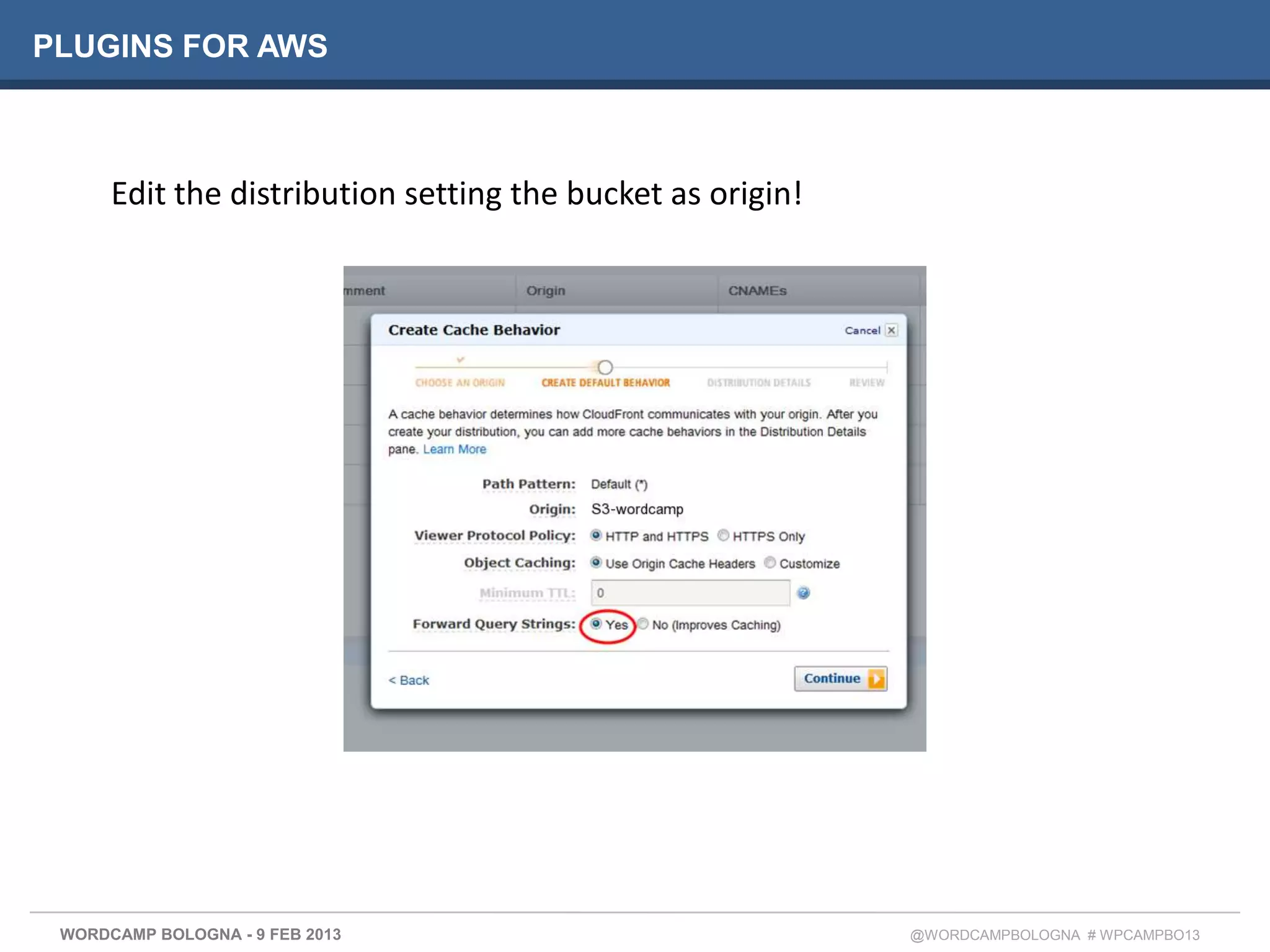 PLUGINS FOR AWS



      Edit the distribution setting the bucket as origin!




 WORDCAMP BOLOGNA - 9 FEB 2013                              @WORDCAMPBOLOGNA # WPCAMPBO13
 