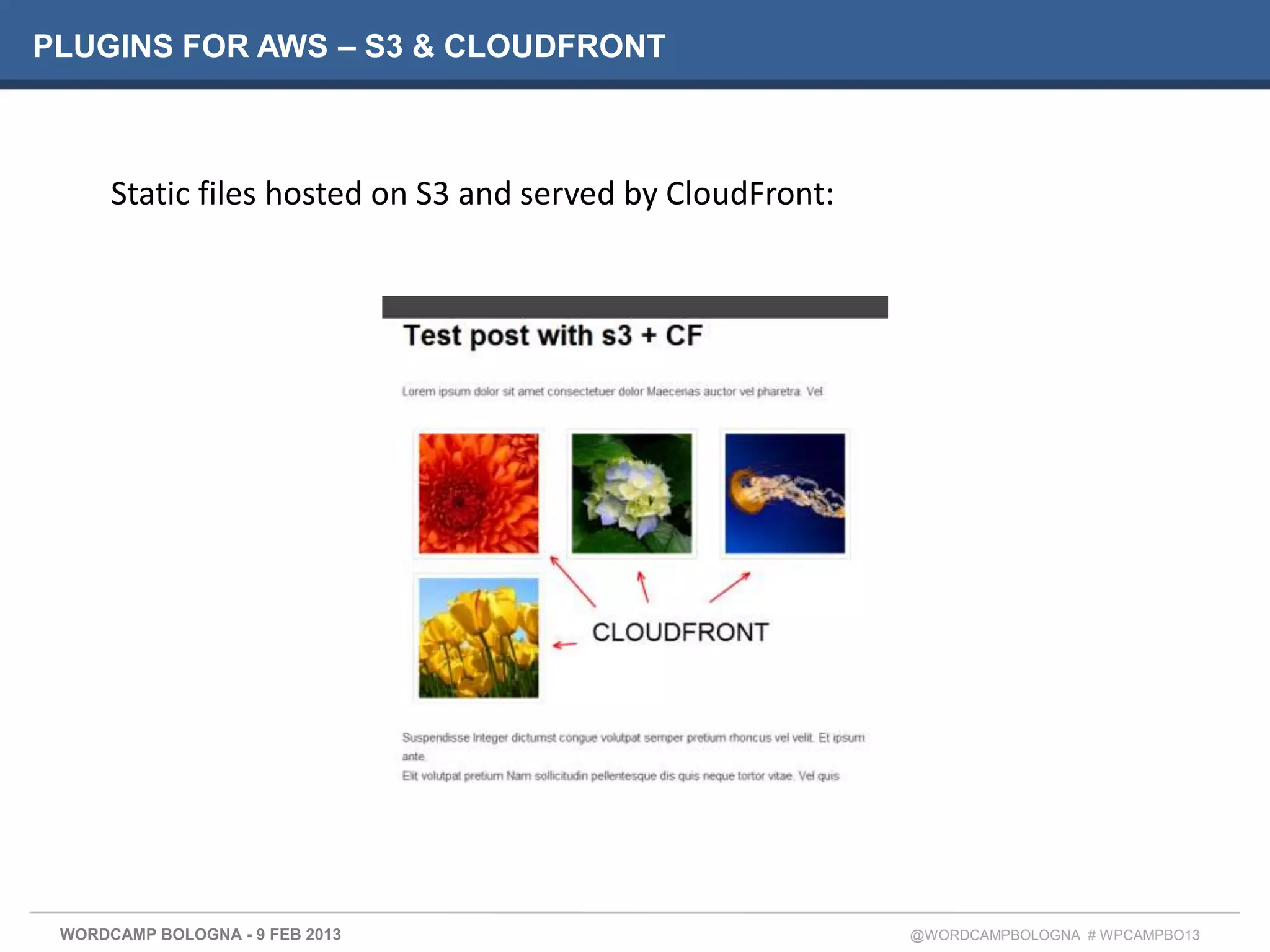 PLUGINS FOR AWS – S3 & CLOUDFRONT



      Static files hosted on S3 and served by CloudFront:




 WORDCAMP BOLOGNA - 9 FEB 2013                              @WORDCAMPBOLOGNA # WPCAMPBO13
 