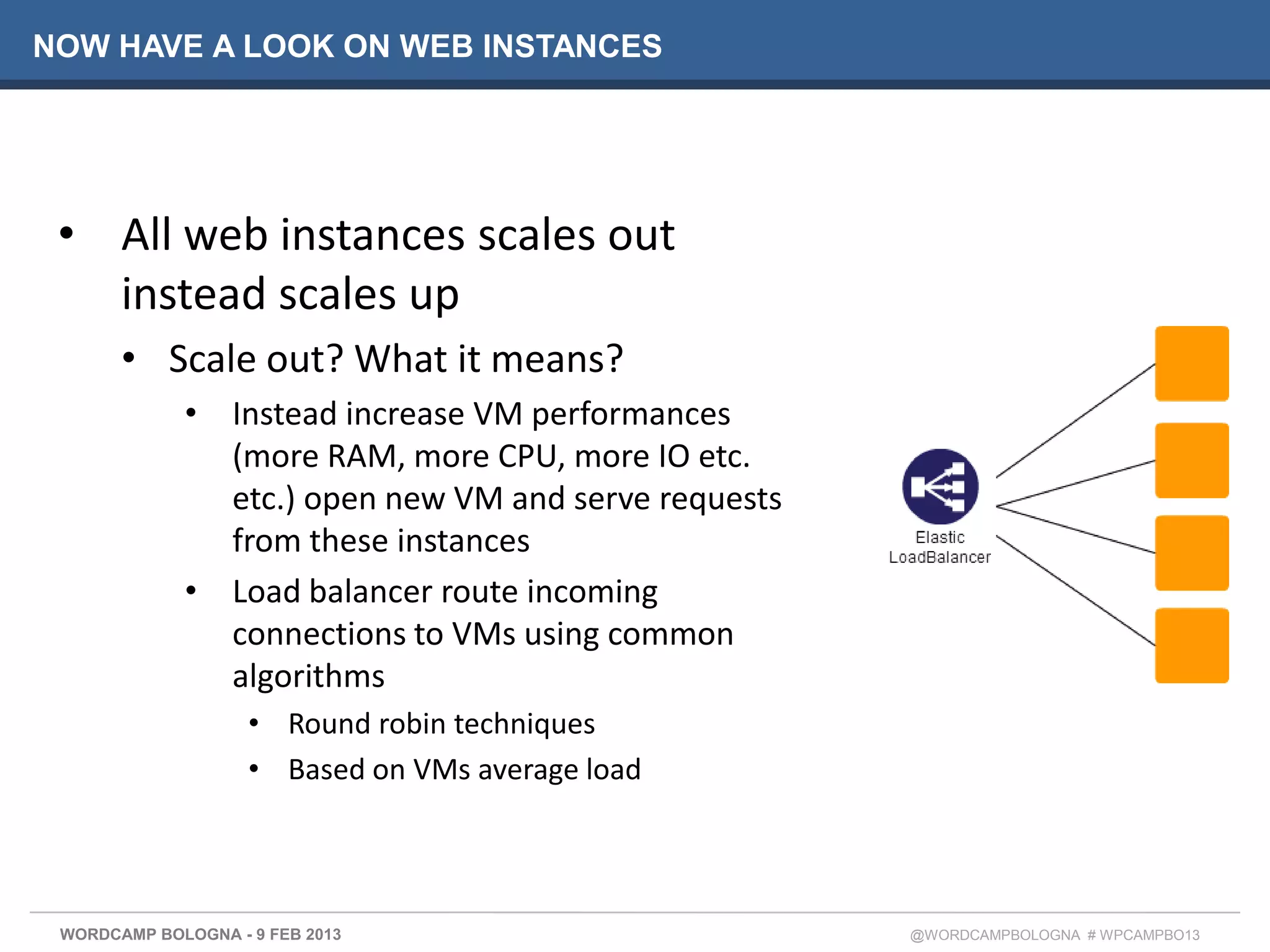 NOW HAVE A LOOK ON WEB INSTANCES




 • All web instances scales out
   instead scales up
       • Scale out? What it means?
             • Instead increase VM performances
               (more RAM, more CPU, more IO etc.
               etc.) open new VM and serve requests
               from these instances
             • Load balancer route incoming
               connections to VMs using common
               algorithms
                    • Round robin techniques
                    • Based on VMs average load




 WORDCAMP BOLOGNA - 9 FEB 2013                        @WORDCAMPBOLOGNA # WPCAMPBO13
 