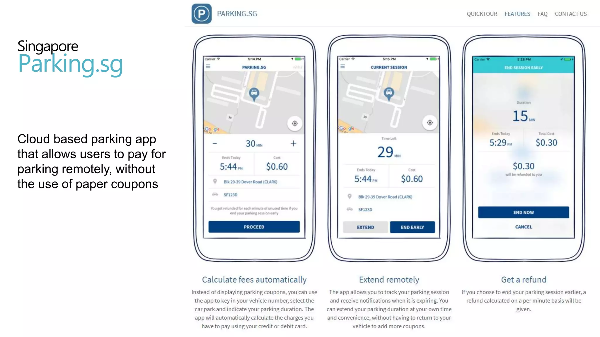 Singapore
Parking.sg
Cloud based parking app
that allows users to pay for
parking remotely, without
the use of paper coupons
 
