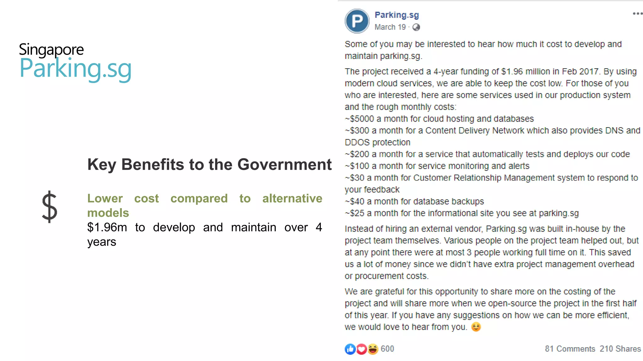 Key Benefits to the Government
Lower cost compared to alternative
models
$1.96m to develop and maintain over 4
years
Singapore
Parking.sg
 