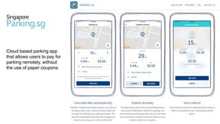 Singapore
Parking.sg
Cloud based parking app
that allows users to pay for
parking remotely, without
the use of paper coupons
 