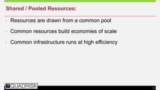 18
• Resources are drawn from a common pool
• Common resources build economies of scale
• Common infrastructure runs at high efficiency
Shared / Pooled Resources:
 