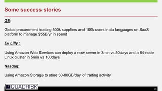 23
Some success stories
GE:
Global procurement hosting 500k suppliers and 100k users in six languages on SaaS
platform to manage $55B/yr in spend
Eli Lilly :
Using Amazon Web Services can deploy a new server in 3min vs 50days and a 64-node
Linux cluster in 5min vs 100days
Nasdaq:
Using Amazon Storage to store 30-80GB/day of trading activity
 