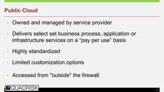 31
Public Cloud
• Owned and managed by service provider
• Delivers select set business process, application or
infrastructure services on a ―pay per use‖ basis
• Highly standardized
• Limited customization options
• Accessed from "outside" the firewall
 