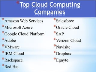 *Top Cloud Computing
Companies
*Amazon Web Services
*Microsoft Azure
*Google Cloud Platform
*Adobe
*VMware
*IBM Cloud
*Rackspace
*Red Hat
*Salesforce
*Oracle Cloud
*SAP
*Verizon Cloud
*Navisite
*Dropbox
*Egnyte
 
