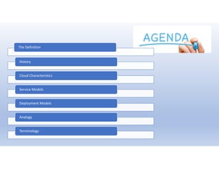 The Definition
History
Cloud Characteristics
Service Models
Deployment Models
Analogy
Terminology
 