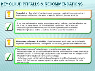 KEY CLOUD PITFALLS & RECOMMENDATIONS
      Vendor lock-in – Due to lack of standards, cloud vendors are creating their own proprietary
      interfaces that could end up tying a user to a vendor for longer than one would like



      •If you must write apps that require serious customization, make sure you have a back-up plan
      and, if you can swing the cost, an alternative cloud running your code as a backup.
      •Choose the Hybrid Cloud model to avoid too much dependency on Cloud vendor
      •Choose the right Cloud partner so that you don’t face issues like vendor lock-in




      Mismanaged Performance & Reliability – Once in the cloud, applications are at the heavily
      dependent on the platform now carrying them and reliability , performance are key concerns


      •Diversify across regions/availability zones to avoid location based failures
      •Failures will happen and so understanding how you’ll be notified and how quickly issues will be
      resolved is critical – so choosing right cloud partner is very important from this perspective too
      •Choose the Hybrid Cloud model for mission-citical apps
      • Rather than merely monitoring the individual components on Cloud such as the network,
      servers, J2EE Web apps and message operations, take a step back and monitor the entire
      transaction path.
 