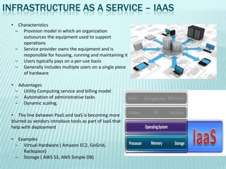 INFRASTRUCTURE AS A SERVICE – IAAS
 •    Characteristics
     – Provision model in which an organization
        outsources the equipment used to support
        operations
     – Service provider owns the equipment and is
        responsible for housing, running and maintaining it
     – Users typically pays on a per-use basis
     – Generally includes multiple users on a single piece
        of hardware

 •    Advantages
     – Utility Computing service and billing model
     – Automation of administrative tasks
     – Dynamic scaling.

 • The line between PaaS and IaaS is becoming more
 blurred as vendors introduce tools as part of IaaS that
 help with deployment

 •    Examples
     – Virtual Hardware ( Amazon EC2, GoGrid,
        Rackspace)
     – Storage ( AWS S3, AWS Simple DB)
 