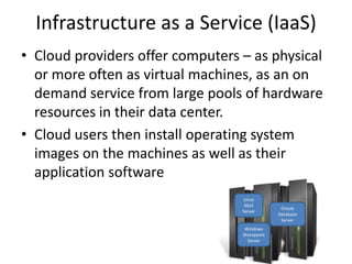 Infrastructure as a Service (Saas)
• Cloud providers offer computers – as physical
  or more often as virtual machines, as an on
  demand service from large pools of hardware
  resources in their data center.
• Cloud users then install operating system
  images on the machines as well as their
  application software
                                  Linux
                                   Mail
                                                Oracle
                                  Server
                                               Database
                                                Server
                                   Windows
                                  Sharepoint
                                    Server
 