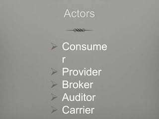 Actors

 Consume
  r
 Provider
 Broker
 Auditor
 Carrier
 