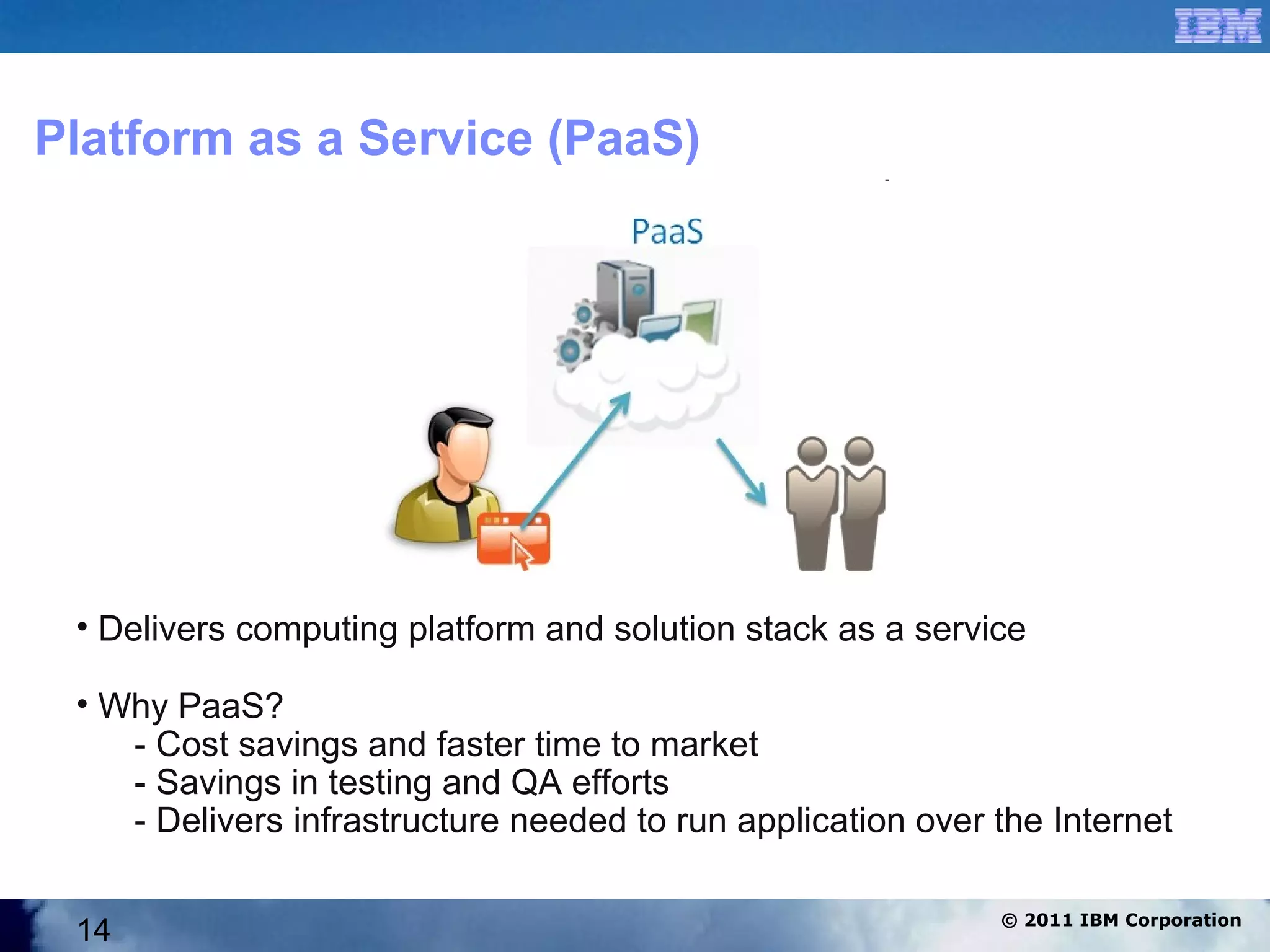 Platform as a Service (PaaS)




 • Delivers computing platform and solution stack as a service

 • Why PaaS?
    - Cost savings and faster time to market
    - Savings in testing and QA efforts
    - Delivers infrastructure needed to run application over the Internet

                                                             © 2011 IBM Corporation
 14
 