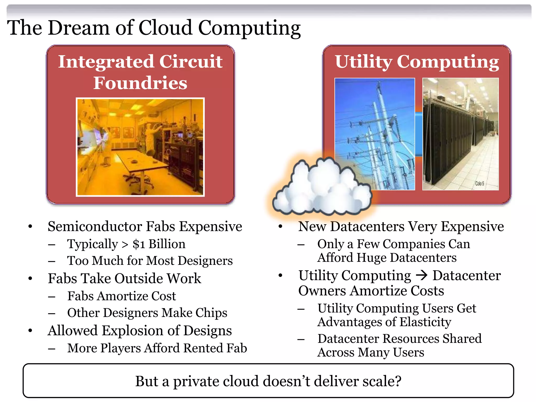 The Dream of Cloud Computing
      Integrated Circuit                          Utility Computing
          Foundries




 •   Semiconductor Fabs Expensive       •   New Datacenters Very Expensive
     – Typically > $1 Billion               –   Only a Few Companies Can
     – Too Much for Most Designers              Afford Huge Datacenters
 •   Fabs Take Outside Work             •   Utility Computing  Datacenter
     – Fabs Amortize Cost                   Owners Amortize Costs
     – Other Designers Make Chips           –   Utility Computing Users Get
                                                Advantages of Elasticity
 •   Allowed Explosion of Designs
                                            –   Datacenter Resources Shared
     – More Players Afford Rented Fab           Across Many Users

                  But a private cloud doesn’t deliver scale?
 