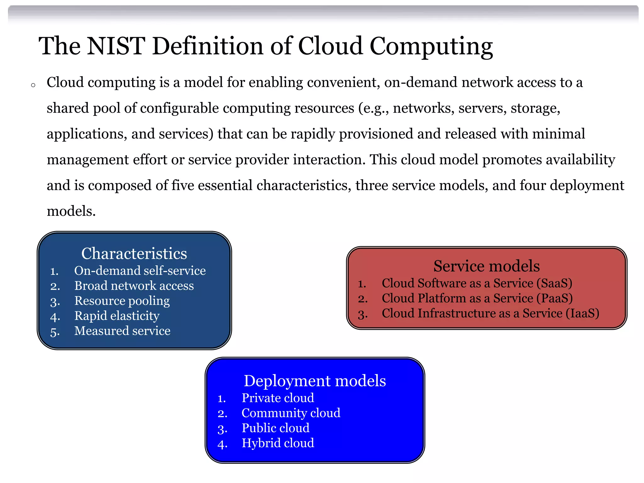 The NIST Definition of Cloud Computing
o   Cloud computing is a model for enabling convenient, on-demand network access to a
    shared pool of configurable computing resources (e.g., networks, servers, storage,
    applications, and services) that can be rapidly provisioned and released with minimal
    management effort or service provider interaction. This cloud model promotes availability
    and is composed of five essential characteristics, three service models, and four deployment
    models.


          Characteristics
    1.   On-demand self-service                                        Service models
    2.   Broad network access                            1.   Cloud Software as a Service (SaaS)
    3.   Resource pooling                                2.   Cloud Platform as a Service (PaaS)
    4.   Rapid elasticity                                3.   Cloud Infrastructure as a Service (IaaS)
    5.   Measured service



                                       Deployment models
                                  1.   Private cloud
                                  2.   Community cloud
                                  3.   Public cloud
                                  4.   Hybrid cloud
 