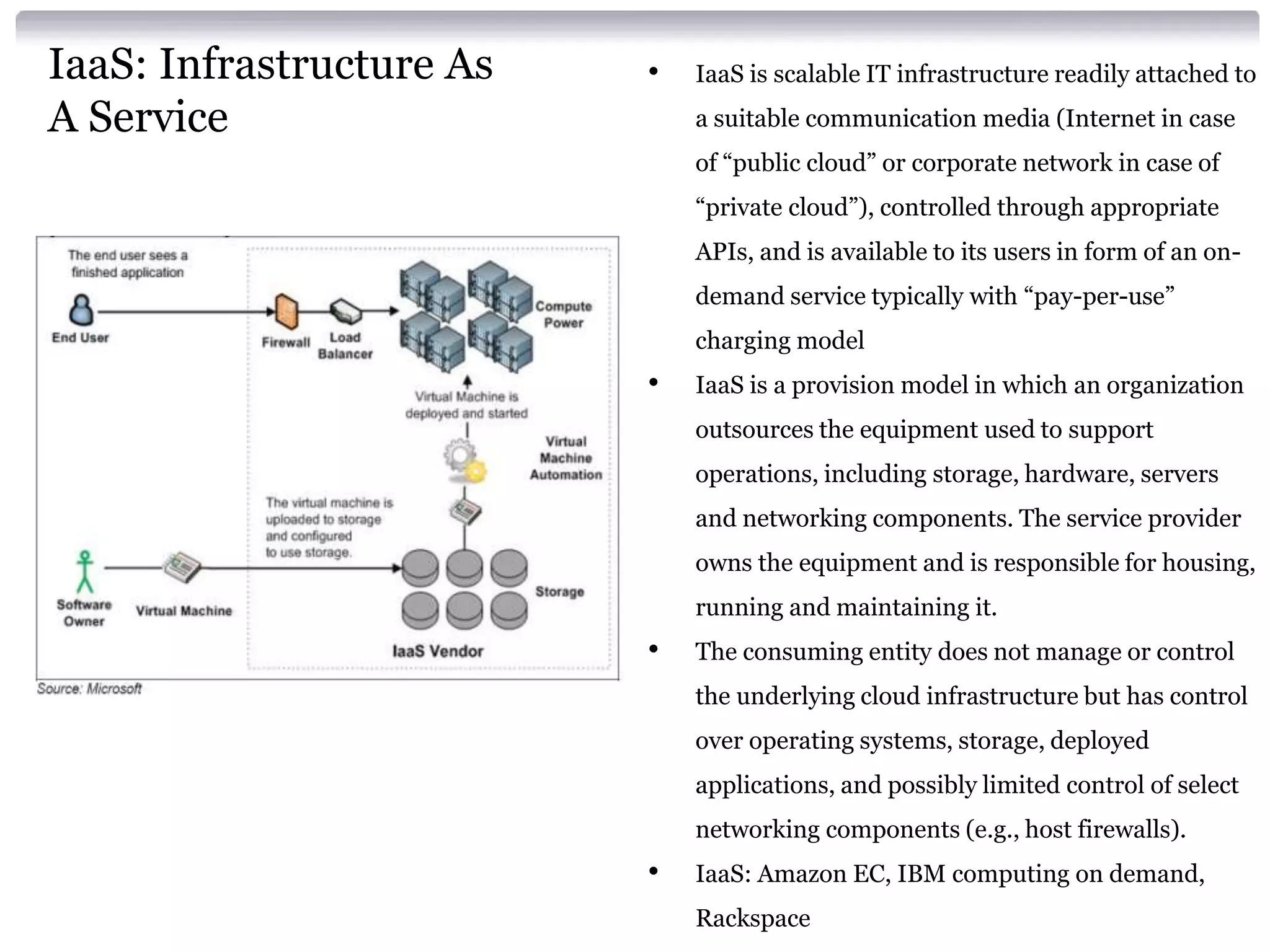 IaaS: Infrastructure As   •   IaaS is scalable IT infrastructure readily attached to
A Service                     a suitable communication media (Internet in case
                              of “public cloud” or corporate network in case of
                              “private cloud”), controlled through appropriate
                              APIs, and is available to its users in form of an on-
                              demand service typically with “pay-per-use”
                              charging model
                          •   IaaS is a provision model in which an organization
                              outsources the equipment used to support
                              operations, including storage, hardware, servers
                              and networking components. The service provider
                              owns the equipment and is responsible for housing,
                              running and maintaining it.
                          •   The consuming entity does not manage or control
                              the underlying cloud infrastructure but has control
                              over operating systems, storage, deployed
                              applications, and possibly limited control of select
                              networking components (e.g., host firewalls).
                          •   IaaS: Amazon EC, IBM computing on demand,
                              Rackspace
 