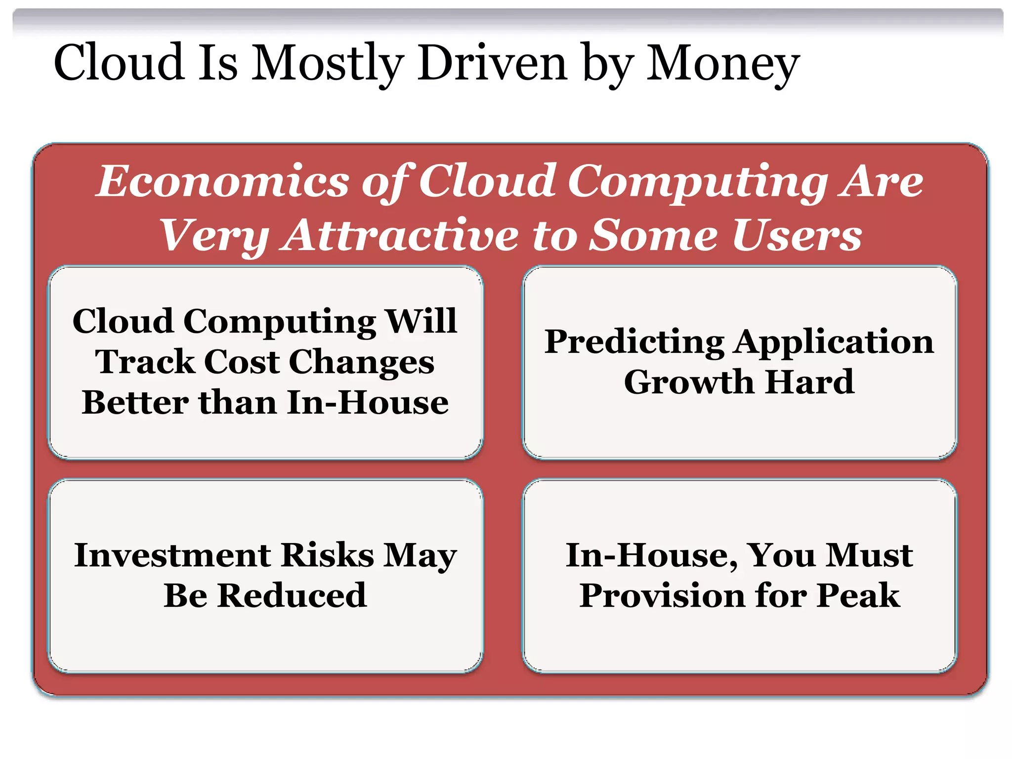 Cloud Is Mostly Driven by Money

 Economics of Cloud Computing Are
   Very Attractive to Some Users
Cloud Computing Will
                       Predicting Application
 Track Cost Changes
                           Growth Hard
Better than In-House



Investment Risks May    In-House, You Must
     Be Reduced          Provision for Peak
 