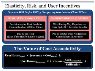 Elasticity, Risk, and User Incentives
  Services Will Prefer Utility Computing to a Private Cloud When:

 Demand Varies over Time               Demand Unknown in Advance

  Provisioning for Peak Leads to        Web Startup May Experience a
  Underutilization at Other Times      Huge Spike If It Becomes Popular

           Pay by the Hour             Pay as You Go Does Not Require
 (Even if the Hourly Rate is Higher)      Commitment in Advance




       The Value of Cost Associativity
UserHourscloud × (revenue – Costcloud) ≥

             UserHoursdatacenter × (revenue – Costdatacenter        )
                                              Utilization
                                                                        132
 