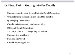 Outline: Part 2: Getting into the Details

•   Mapping suppliers and technologies in Cloud Computing
•   Understanding the economics behind the benefits
•   Quantifying the benefits
•   Cloud market taxonomy and market size
•   CSPs and Cloud Computing
    o   AT&T, BT, DT, NTT, Orange, SingTel, Verizon
•   Mapping the workloads
•   SOA and the Cloud
•   Cloud Computing in Asia




                                                            41
 