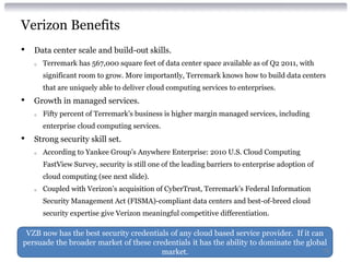 Verizon Benefits
•   Data center scale and build-out skills.
    o   Terremark has 567,000 square feet of data center space available as of Q2 2011, with
        significant room to grow. More importantly, Terremark knows how to build data centers
        that are uniquely able to deliver cloud computing services to enterprises.
•   Growth in managed services.
    o   Fifty percent of Terremark’s business is higher margin managed services, including
        enterprise cloud computing services.
•   Strong security skill set.
    o   According to Yankee Group’s Anywhere Enterprise: 2010 U.S. Cloud Computing
        FastView Survey, security is still one of the leading barriers to enterprise adoption of
        cloud computing (see next slide).
    o   Coupled with Verizon’s acquisition of CyberTrust, Terremark’s Federal Information
        Security Management Act (FISMA)-compliant data centers and best-of-breed cloud
        security expertise give Verizon meaningful competitive differentiation.

 VZB now has the best security credentials of any cloud based service provider. If it can
persuade the broader market of these credentials it has the ability to dominate the global
                                        market.                                          75
 