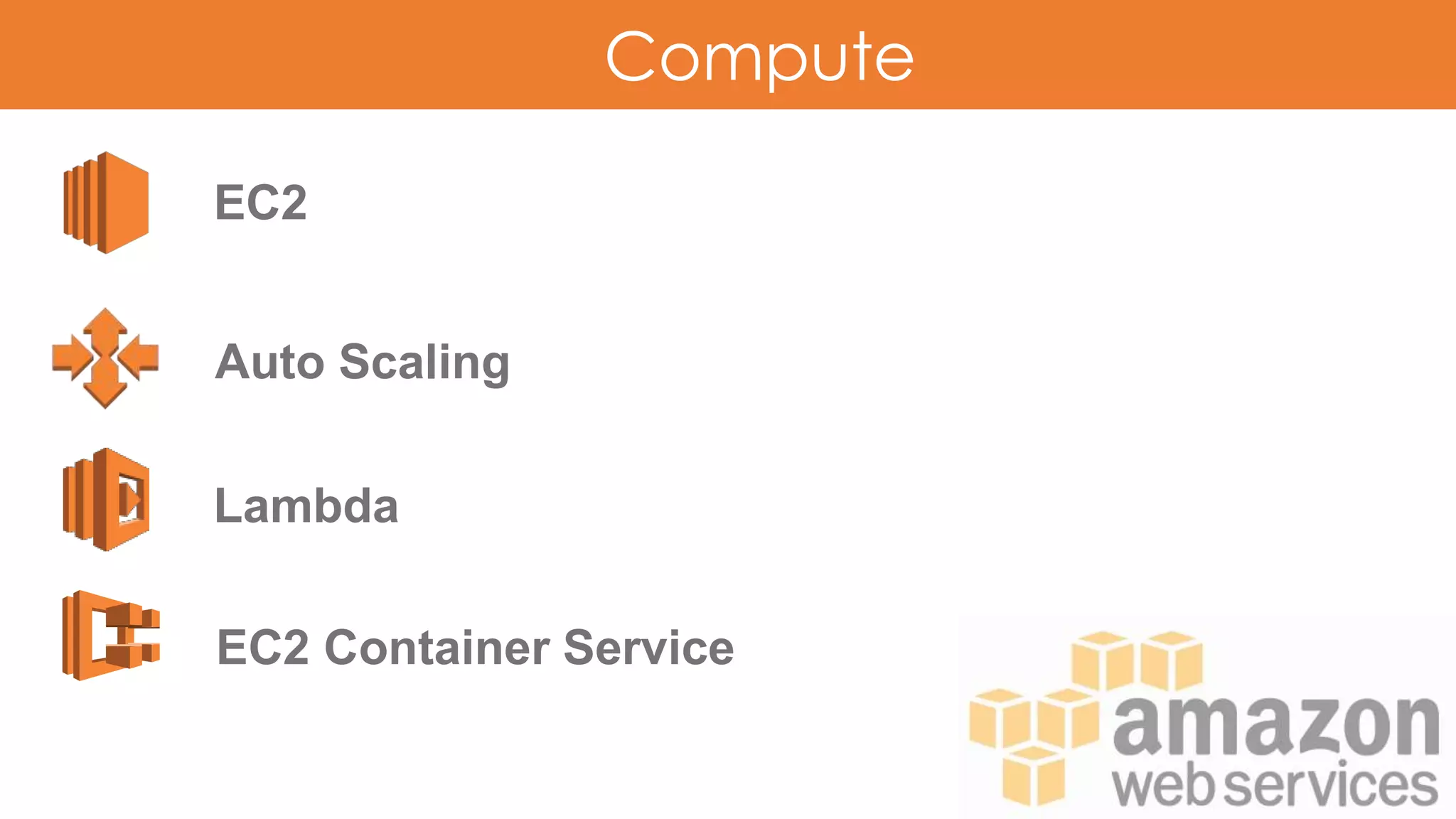 Compute
EC2
Auto Scaling
Lambda
EC2 Container Service
 