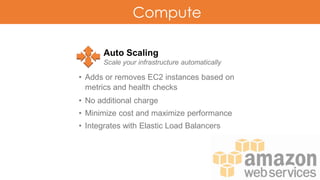 Compute
Auto Scaling
Scale your infrastructure automatically
• Adds or removes EC2 instances based on
metrics and health checks
• No additional charge
• Minimize cost and maximize performance
• Integrates with Elastic Load Balancers
 