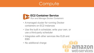 Compute
EC2 Container Service
Run and Manage Docker Containers
• A managed cluster for running Docker
containers on EC2 instances
• Use the built in scheduler, write your own, or
use a third-party scheduler
• Integrates with other services like ELB and
EBS
• No additional charge
 