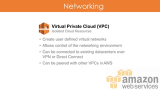 Networking
Virtual Private Cloud (VPC)
Isolated Cloud Resources
• Create user defined virtual networks
• Allows control of the networking environment
• Can be connected to existing datacenters over
VPN or Direct Connect
• Can be peered with other VPCs in AWS
 