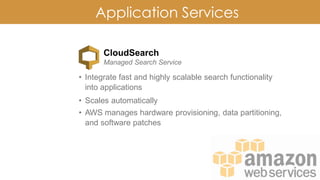 Application Services
CloudSearch
Managed Search Service
• Integrate fast and highly scalable search functionality
into applications
• Scales automatically
• AWS manages hardware provisioning, data partitioning,
and software patches
 