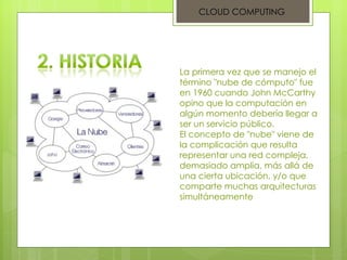 La primera vez que se manejo el término "nube de cómputo" fue en 1960 cuando John McCarthy opino que la computación en algún momento debería llegar a ser un servicio público. El concepto de "nube" viene de la complicación que resulta representar una red compleja, demasiado amplia, más allá de una cierta ubicación, y/o que comparte muchas arquitecturas simultáneamente CLOUD COMPUTING 
