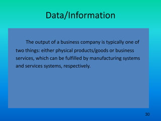 Data/Information
The output of a business company is typically one of
two things: either physical products/goods or business
services, which can be fulfilled by manufacturing systems
and services systems, respectively.
30
 
