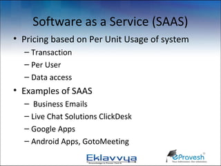 Software as a Service (SAAS)
• Pricing based on Per Unit Usage of system
  – Transaction
  – Per User
  – Data access
• Examples of SAAS
  – Business Emails
  – Live Chat Solutions ClickDesk
  – Google Apps
  – Android Apps, GotoMeeting
 